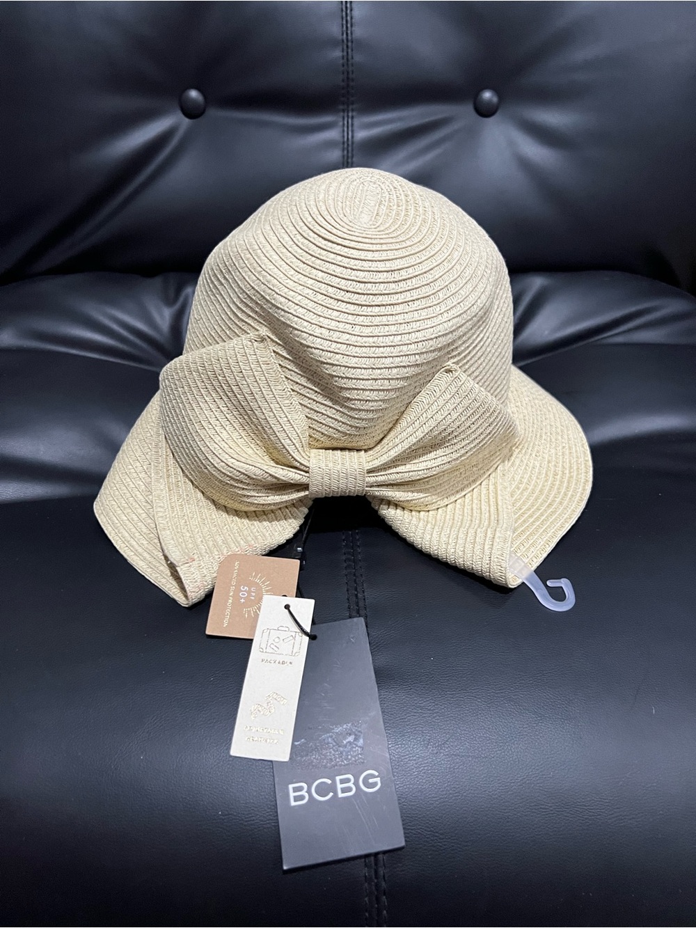 BCBG Natural Beige Bow Straw Cloche Hat